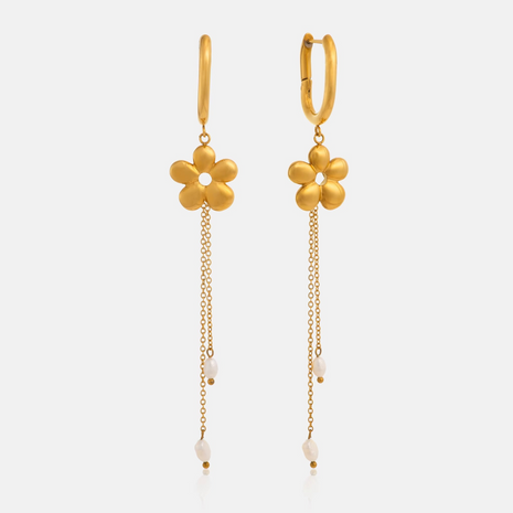 Gold plated long pearl earrings with floral detail and chain design
