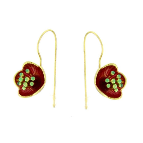 Bronze Drop Earrings with Red Enamel Flower