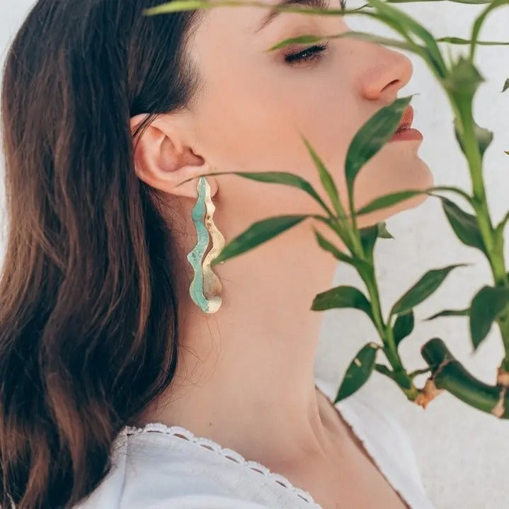 Tideflow Bronze Sculptural Earrings with Gold & Green Oxidation