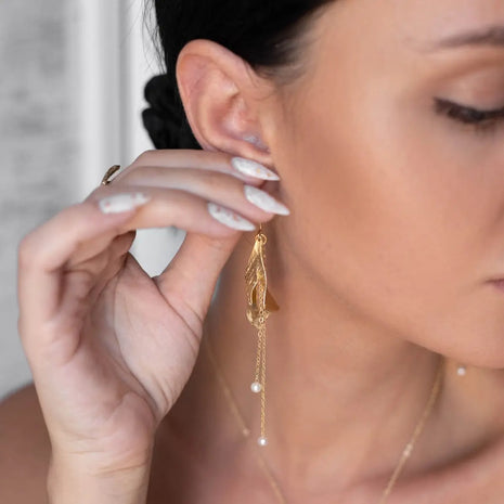 Lily Leaf Sculptural Drop Earrings with Pearls