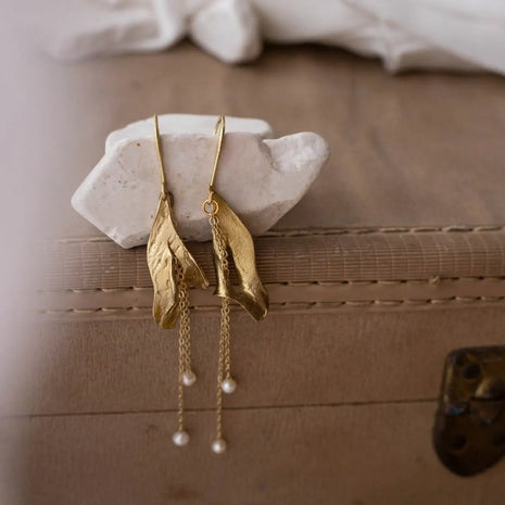 Lily Leaf Sculptural Drop Earrings with Pearls