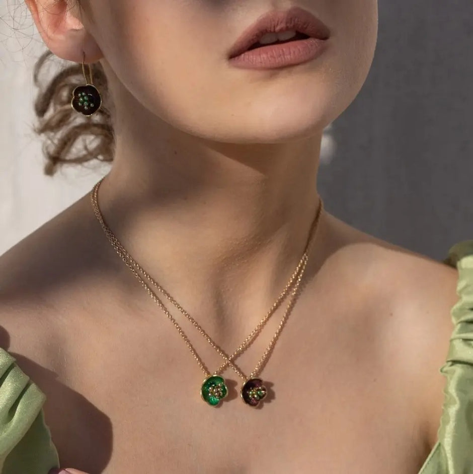 Bronze Drop Earrings with Red Enamel Flower