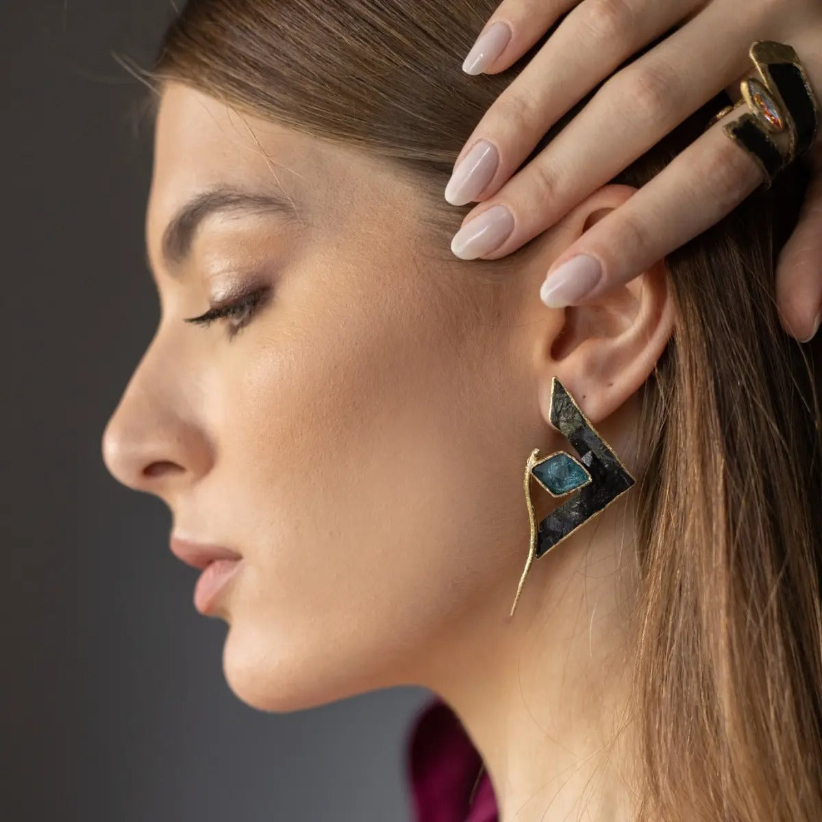 Geometric Bronze Earrings with Resin & Oxidized Detail – Black or Green