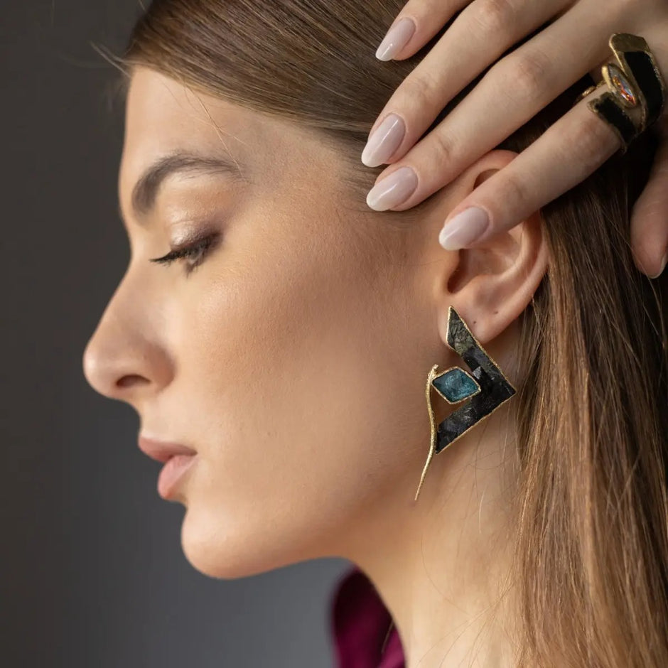 Geometric Bronze Earrings with Resin & Oxidized Detail – Black or Green