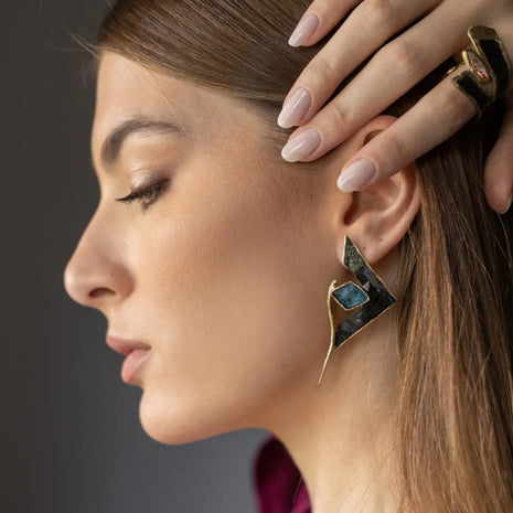 Geometric Bronze Earrings with Resin & Oxidized Detail – Black or Green