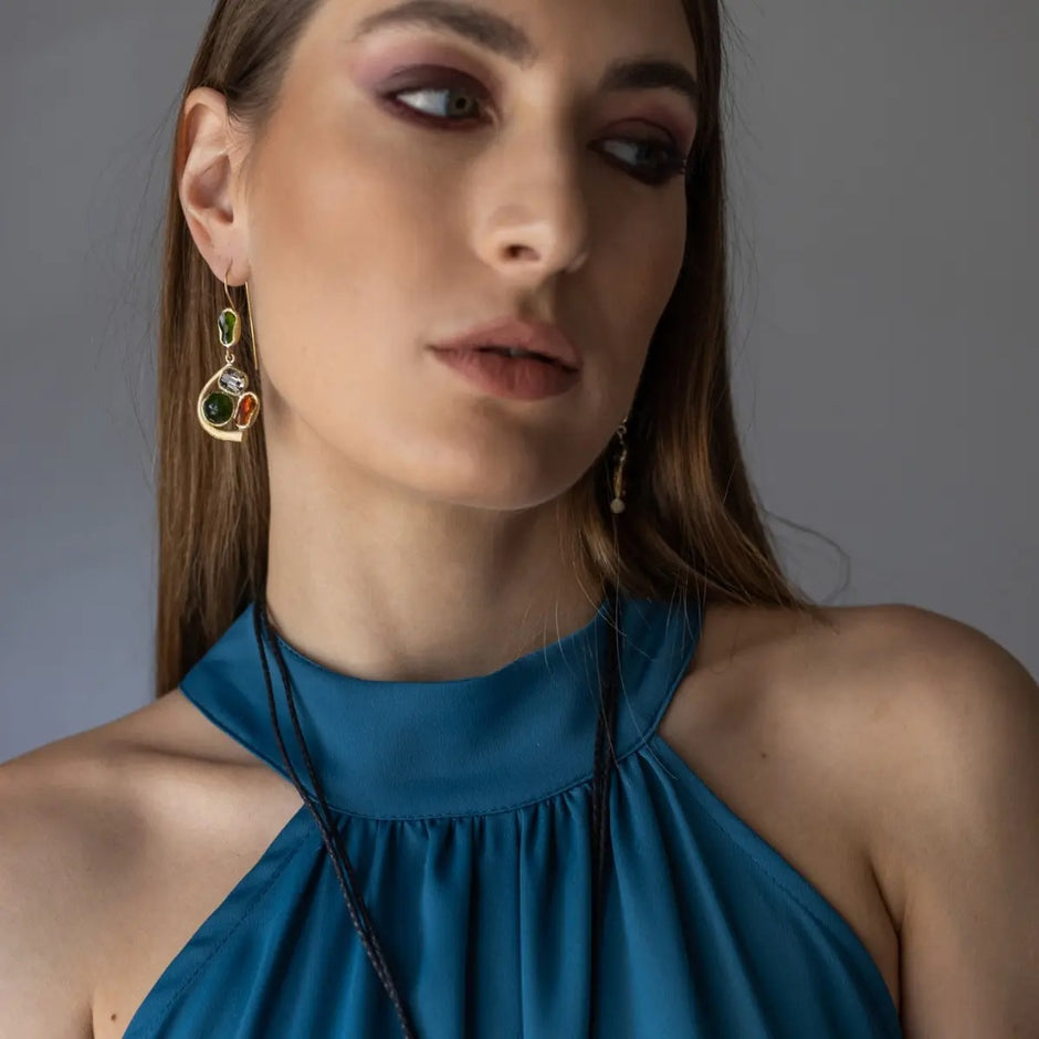 Bronze Earrings with Crystal and Resin