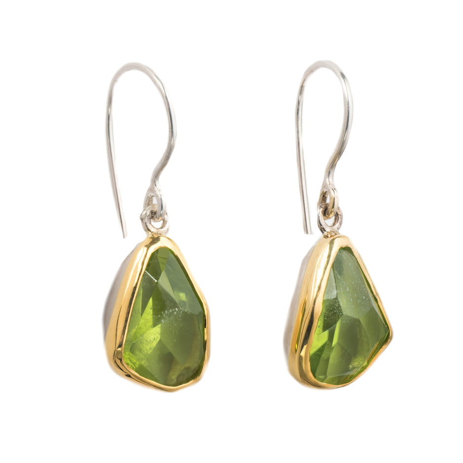 Enotia Peridot Cascade Earrings – Sterling Silver and 18 K Gold Bezel – Handmade in Greece