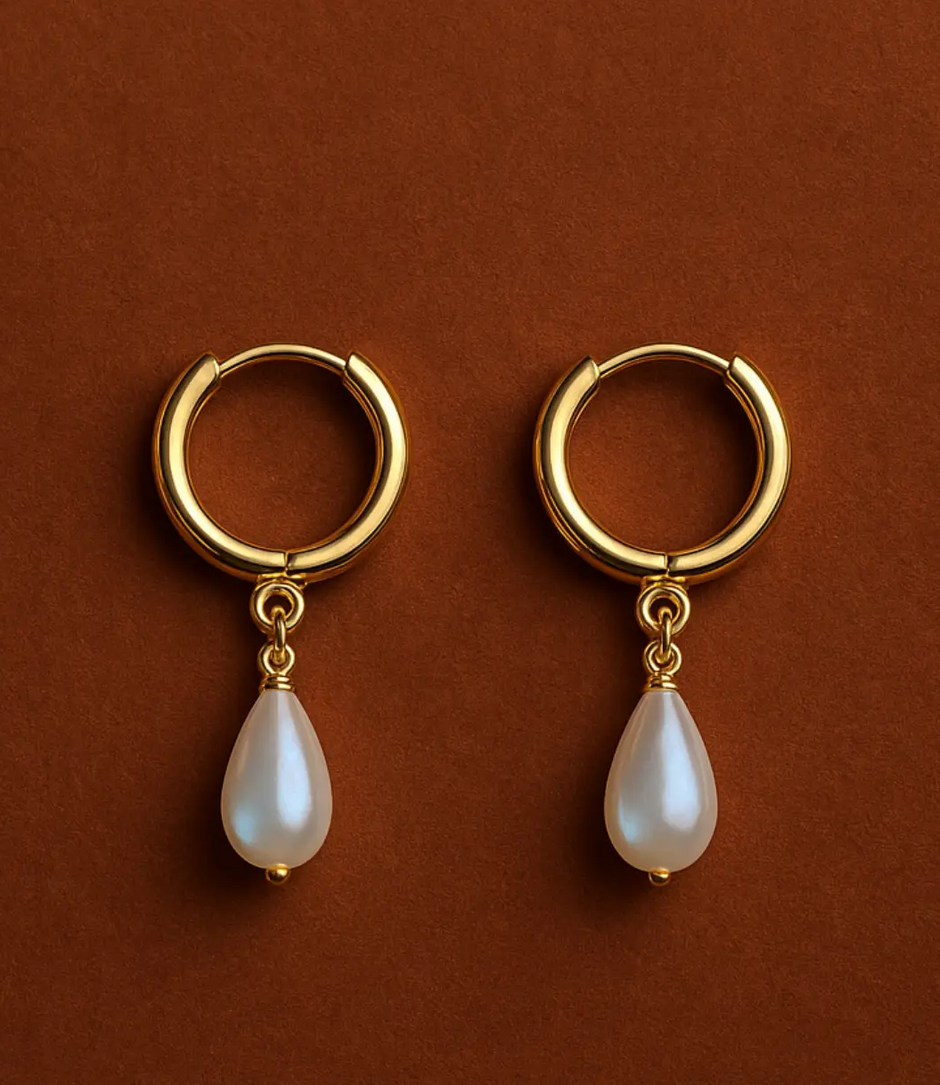 Gold hoop earrings with pearl drops on a brown background, branded 'Phoebe's'.