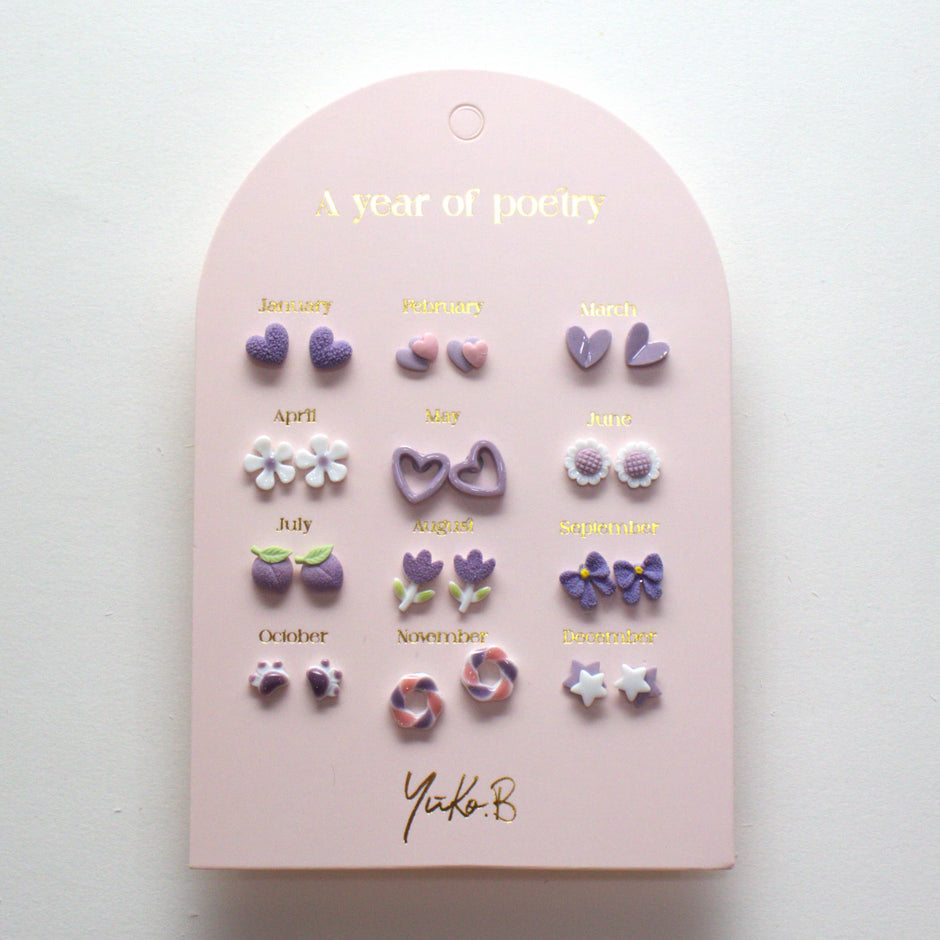 Yuko-B Kids Ceramic Stud Earrings Set – Purple Motifs (12 Pairs)