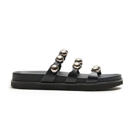 Black Leather Sandals with Silver-Tone Details