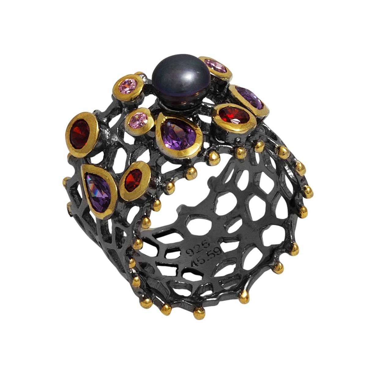 Handmade Black & Gold-Plated Sterling Silver Ring with Pearls and Zircon