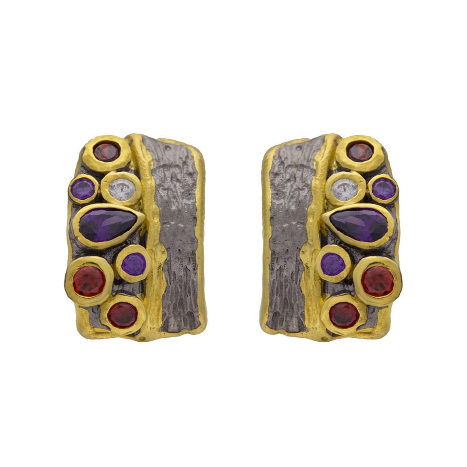 Sterling Silver Earrings with Black and Gold Plating and Multicolour Zircon