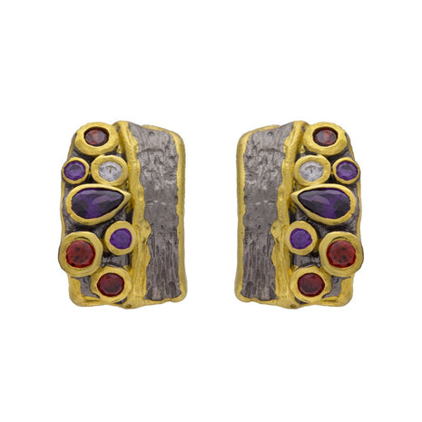 Sterling Silver Earrings with Black and Gold Plating and Multicolour Zircon