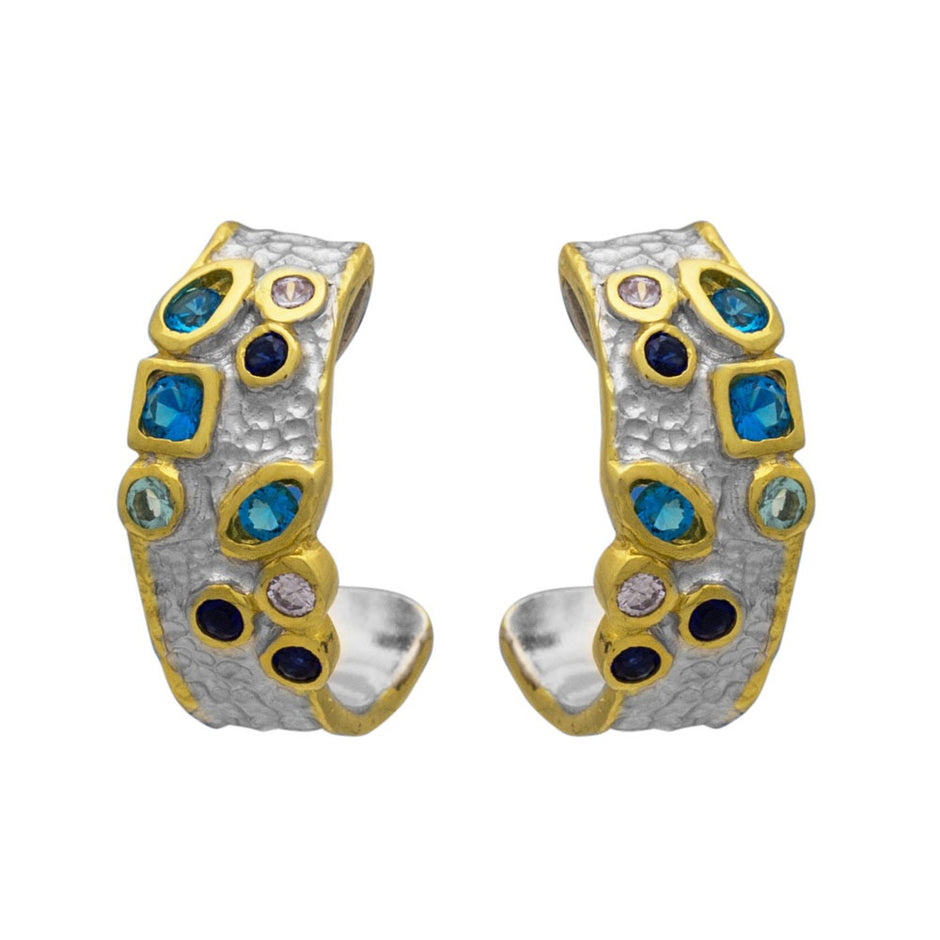 Sterling Silver Hoop Earrings with Gold Plating and Multicolour Zircon