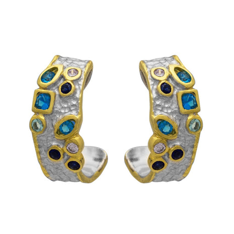 Sterling Silver Hoop Earrings with Gold Plating and Multicolour Zircon