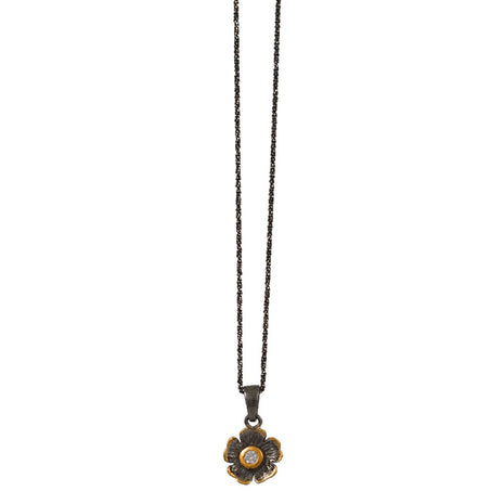Sterling Silver Flower Pendant Necklace with Black and Gold Plating and Zircon