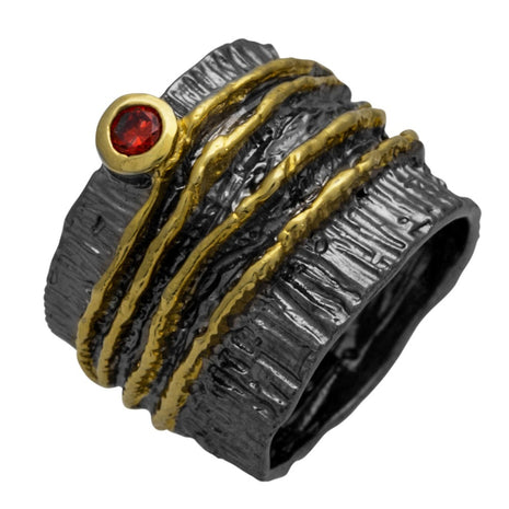 Sterling Silver Ring with Black and Gold Plating and Red Garnet