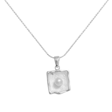 Sterling Silver Necklace with Square Pendant and Pearl