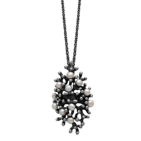 Sterling Silver Necklace with Black Rhodium Finish and Cultured Pearls
