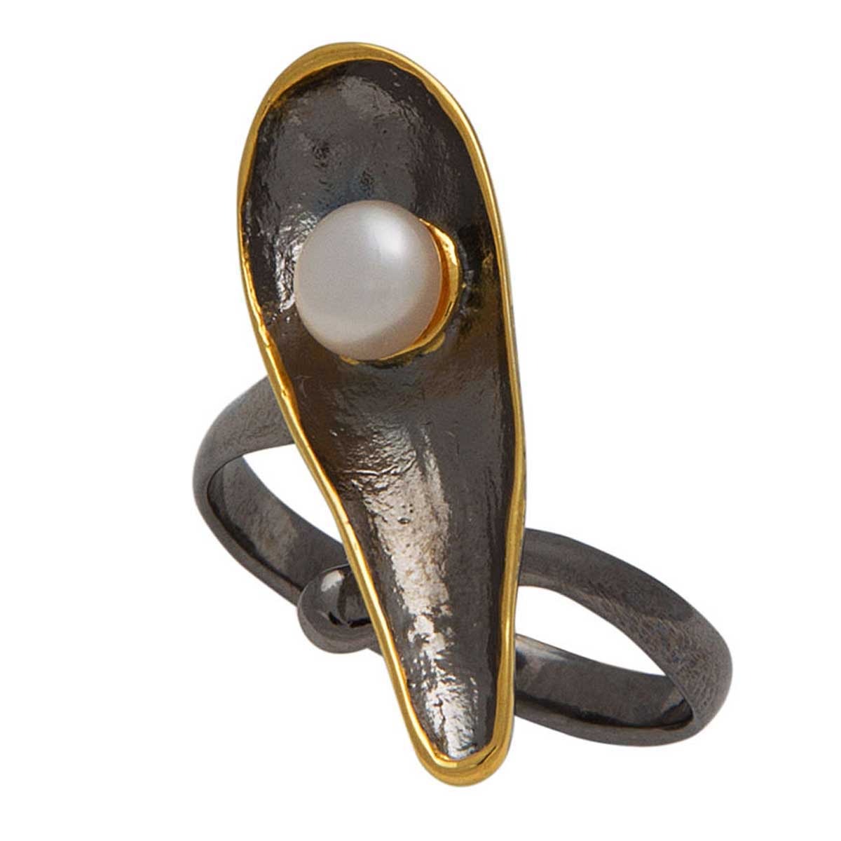 Handmade Black & Gold-Plated Sterling Silver Ring with Pearl