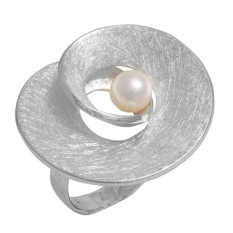 Silver ring with a pearl on a white background