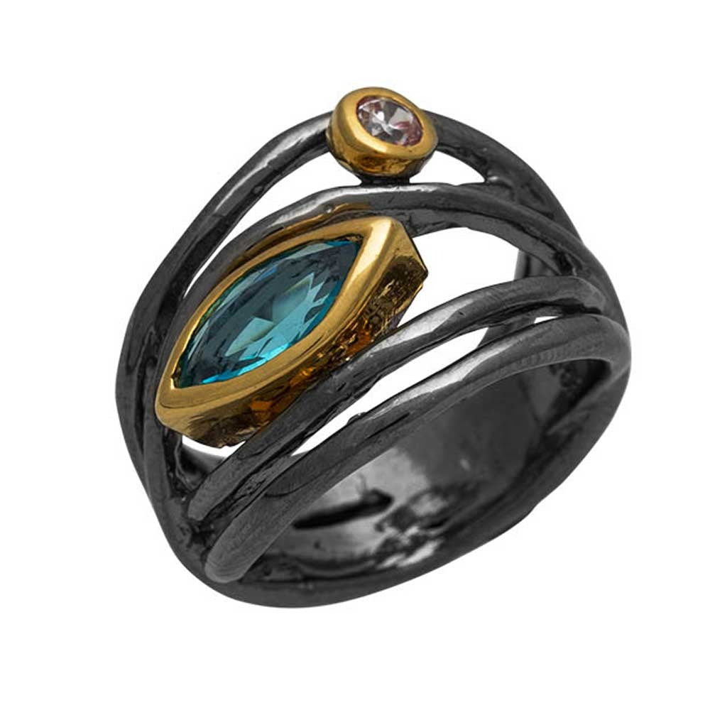 Handmade Black & Gold-Plated Sterling Silver Ring with Zircon
