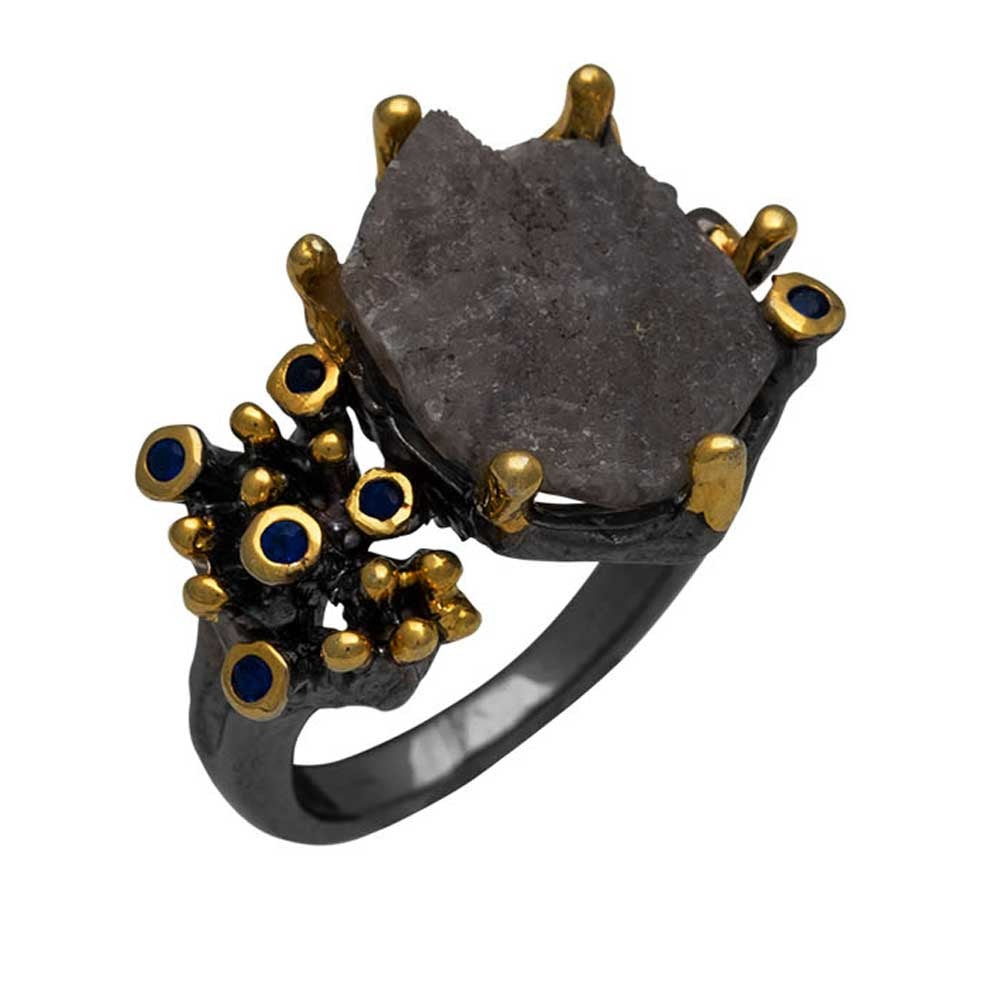 Handmade Black & Gold-Plated Sterling Silver Ring with Black Agate and Zircon