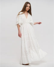 White Cotton Broderie Maxi Dress with Kimono Sleeves