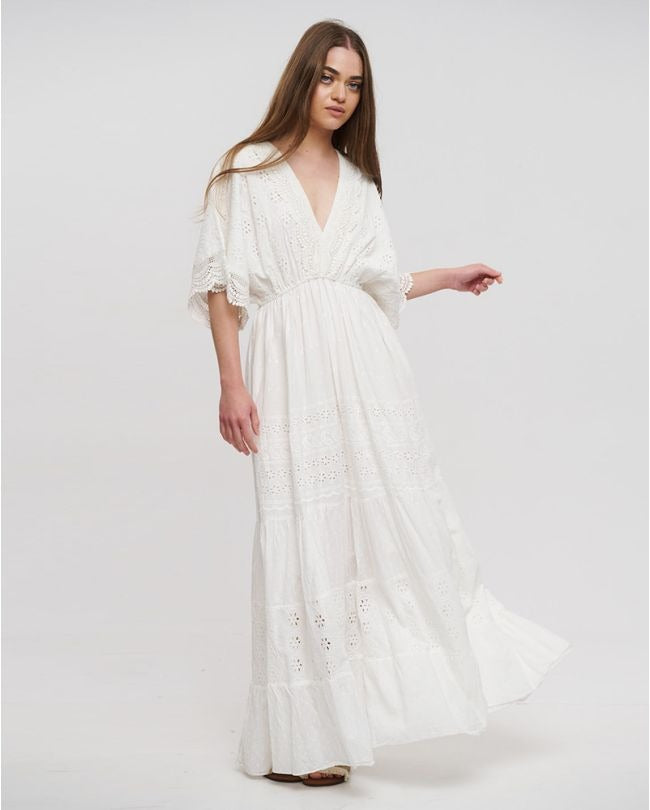 White Cotton Broderie Maxi Dress with Kimono Sleeves