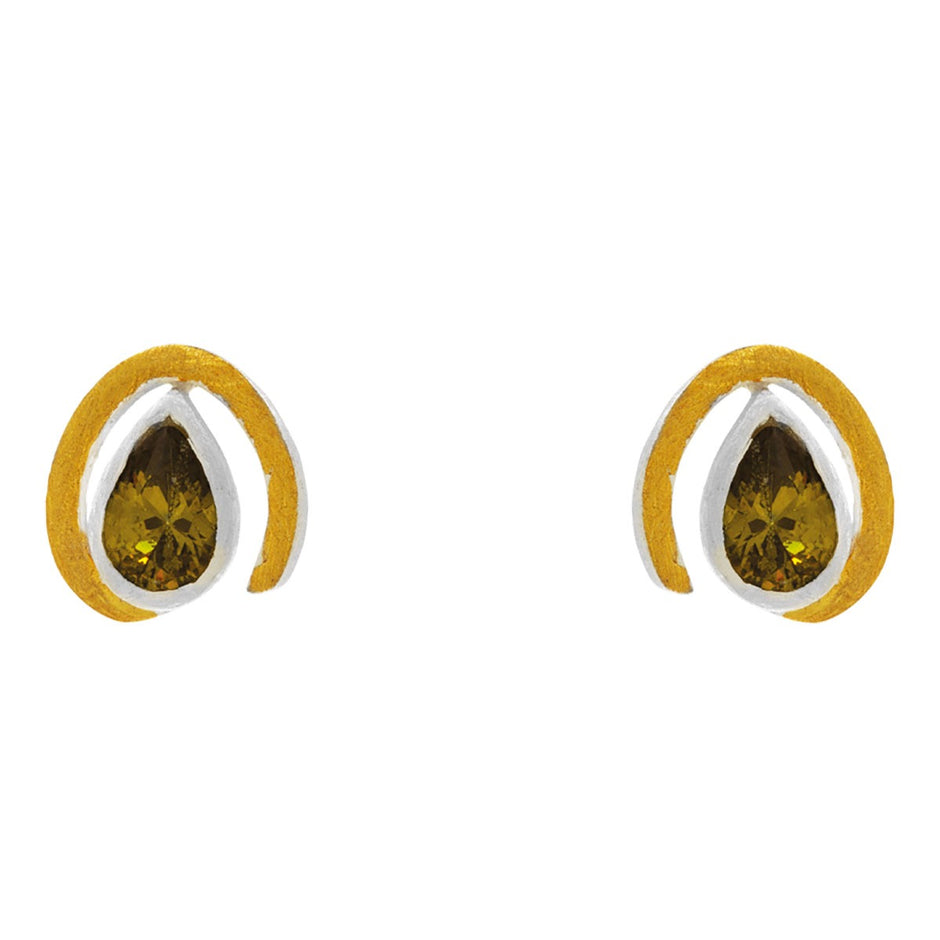 Sterling Silver Stud Earrings with Green Amethyst, Silver & Gold Plated