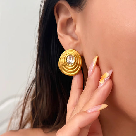 Oval Zircon Stud Earrings with Gold-Plated Setting