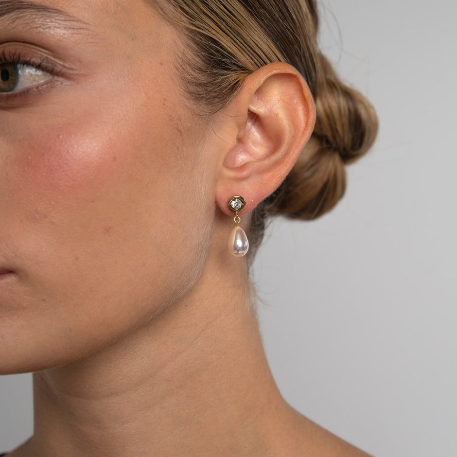 Tila Earrings | Brass with White Crystals & Lustrous White Pearls