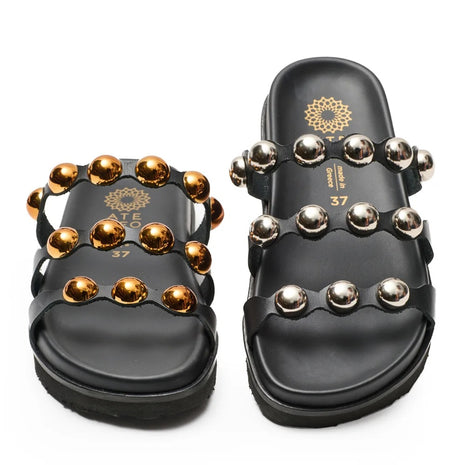 Black Leather Sandals with Silver-Tone Details