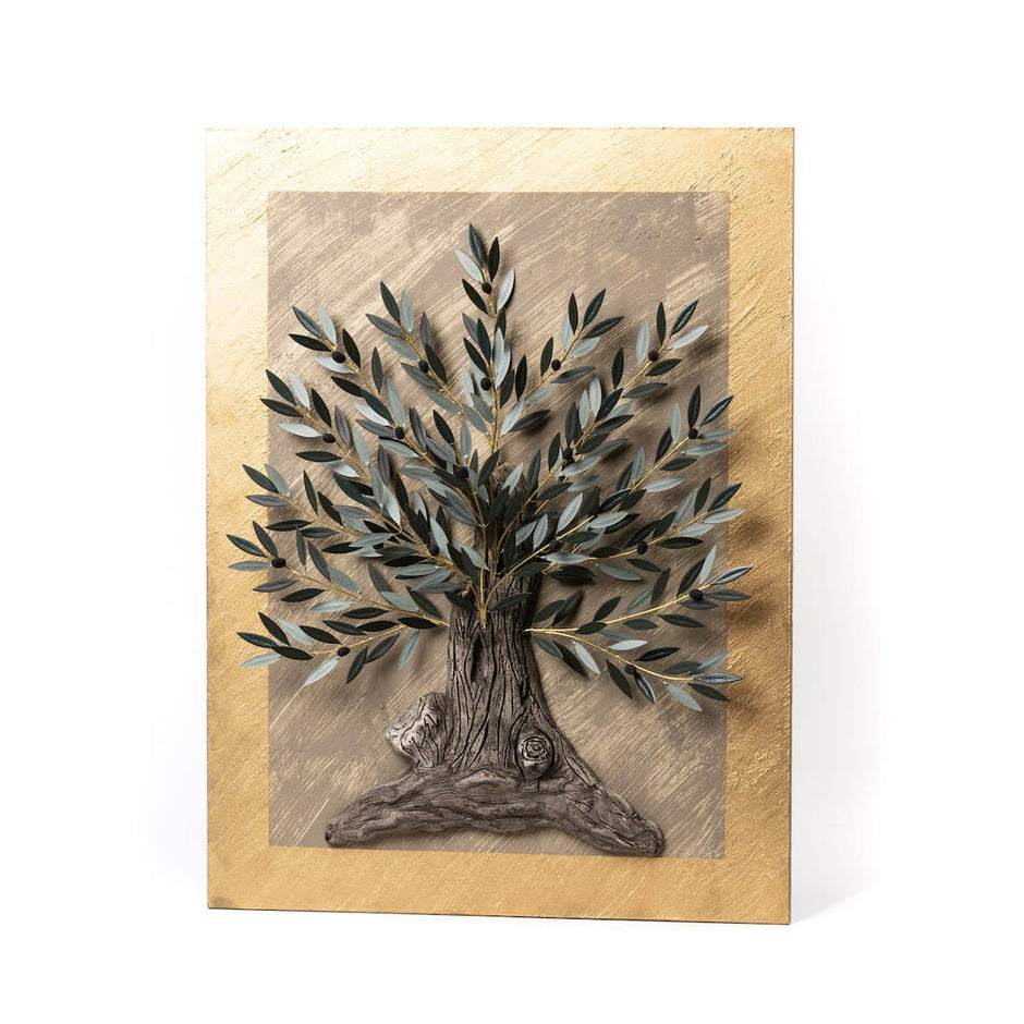 Handmade Olive Tree Wall Art with Brass Leaves & Ceramic Olives