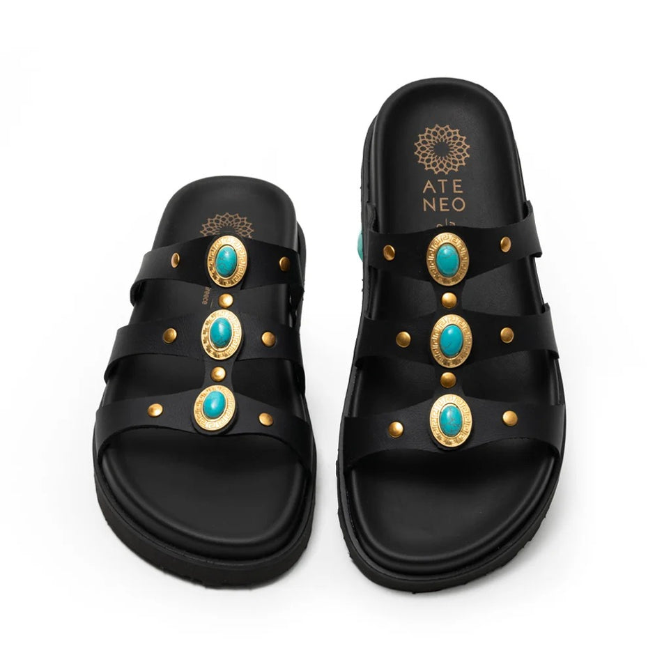 Black PU Leather Sandals with Studded Details