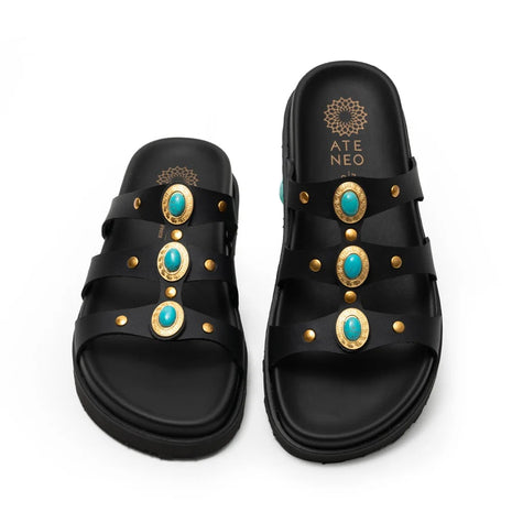 Black PU Leather Sandals with Studded Details