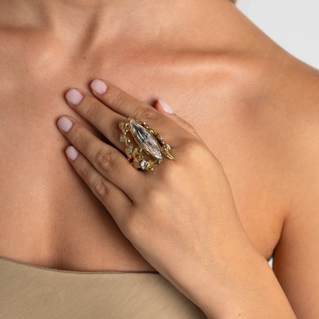 Brass Ring with White Crystal