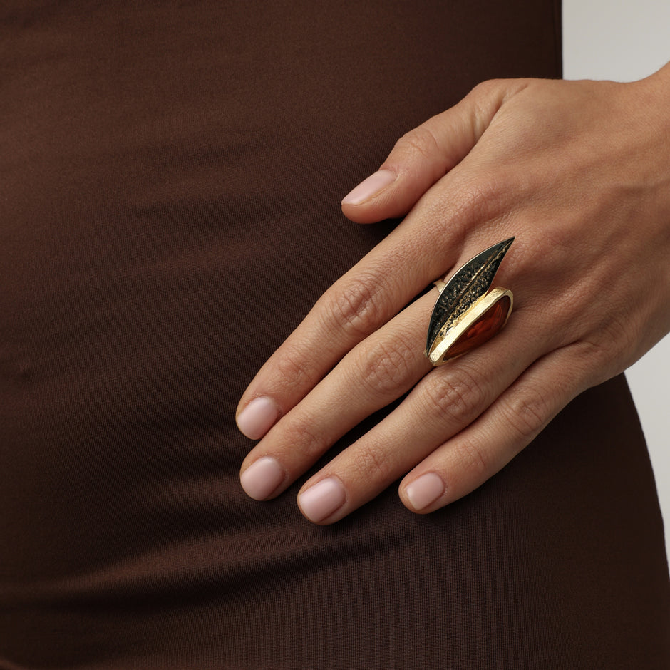Velia Brass Ring with Aqua & Brown Resin