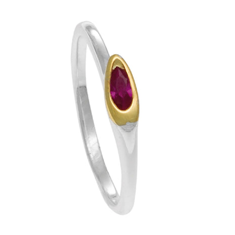 “Handmade sterling silver ring with marquise ruby and gold-plated bezel”