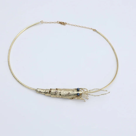 Handmade bronze shrimp necklace sculptural design