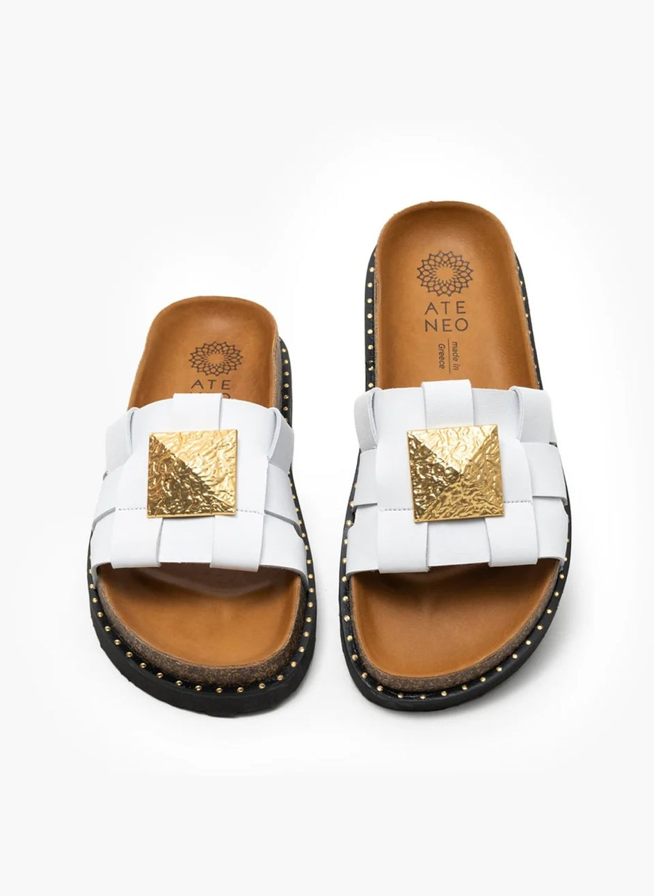 White Leather Sandals with Gold-Tone Accent