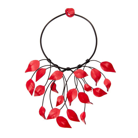 Red Leather Leaves Statement Necklace