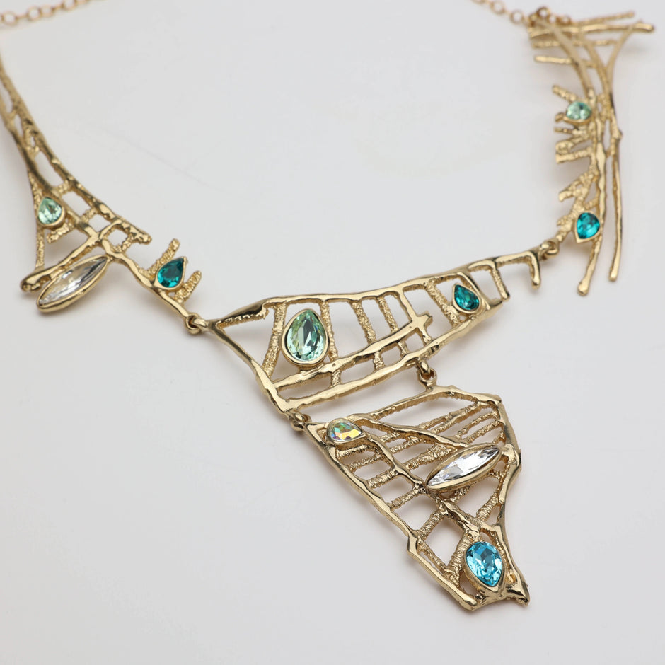 Bead Long Bronze Necklace with Multicolor Glass Crystals