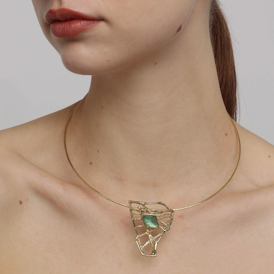 Flag Bronze Openwork Necklace with Aqua Resin