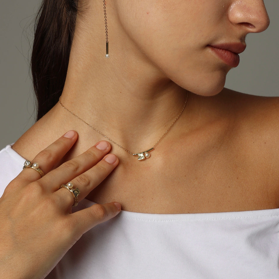 Bronze Bar Necklace with Natural Pearl