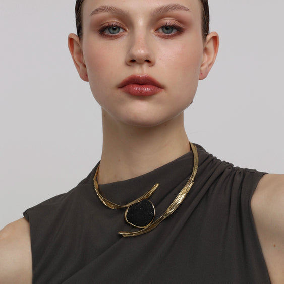 Waveborn Bronze Sculptural Necklace with Black Resin