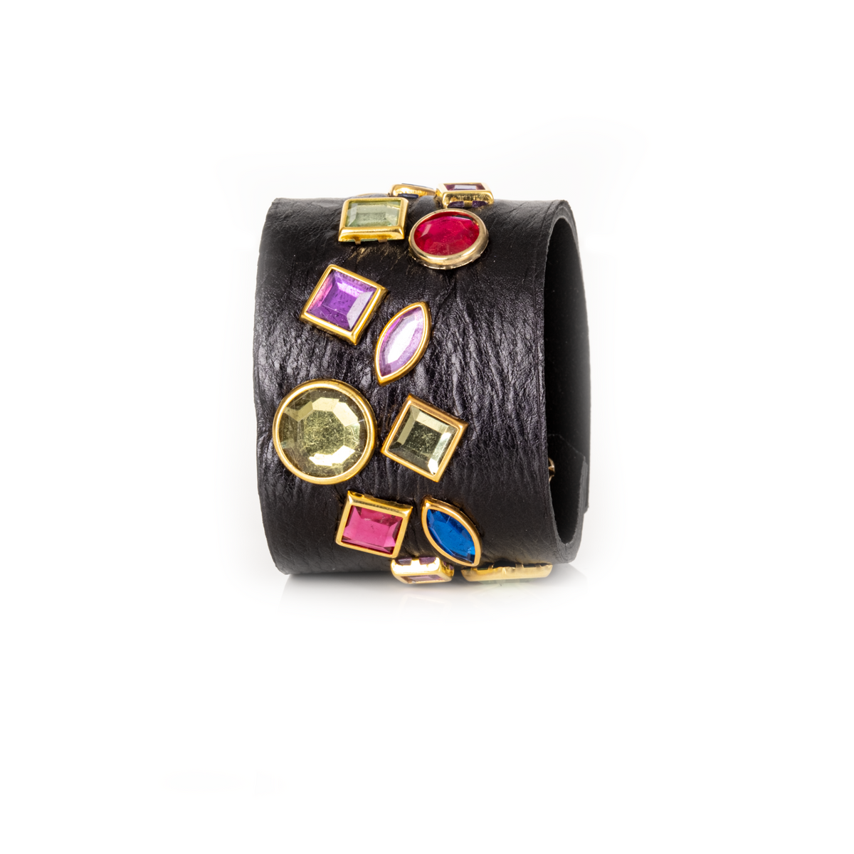 Midnight Mosaic black leather cuff with multicolour faceted crystals by The Dark Atelier