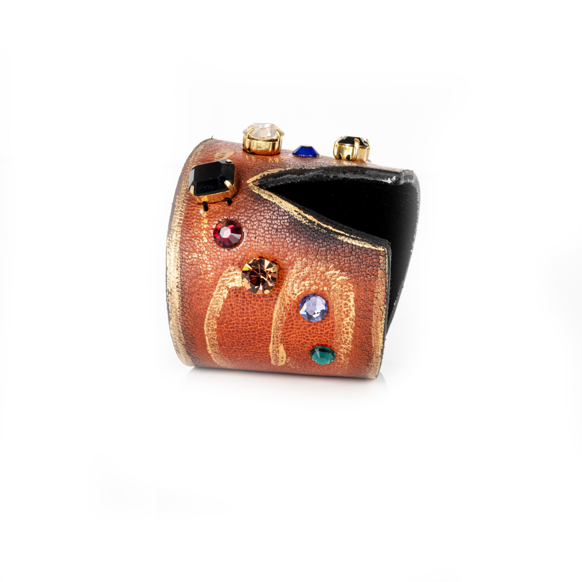 Molten Copper Aura leather cuff with multicolour crystals by The Dark Atelier