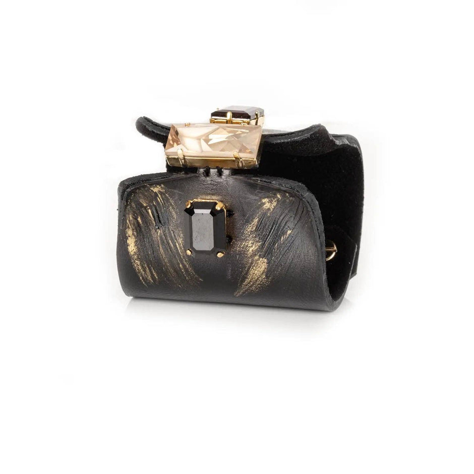 Monarch Edge black leather cuff with black and champagne crystals by The Dark Atelier