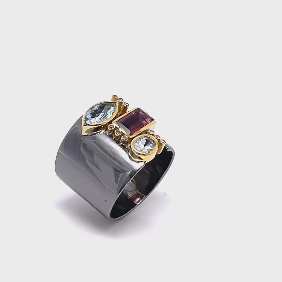 Φόρτωση βίντεο: Ring – K14 Gold &amp; Silver with Tourmaline, Aquamarine &amp; Brown Diamond